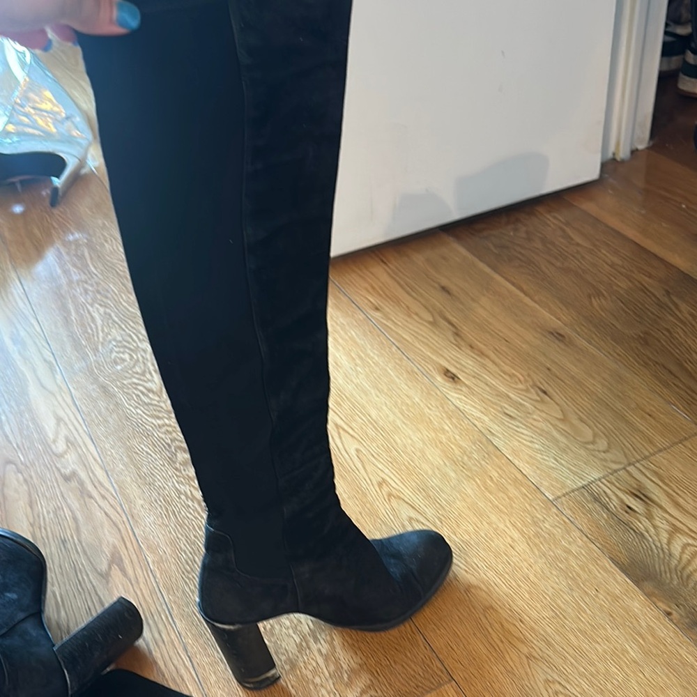 Stuart Weitzman Black Over the Knee Boots Sleek Suede Chunky Heel